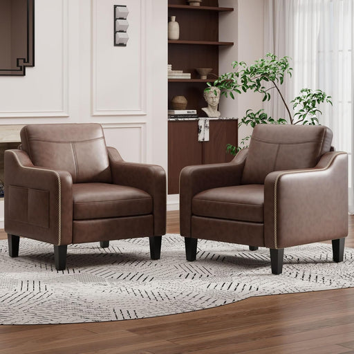 Mid-Century Modern PU Leather Accent Chair Set of 2, Chocolate Brown with Removable Cushions