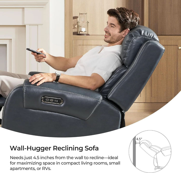 Genuine Leather Power Recliner Sofa, Wall Hugger Reclining Sofa with Power Headrest, Dual Motor, USB Charging Ports, Recliner Couch for Living Room, RV, Leather in Navy