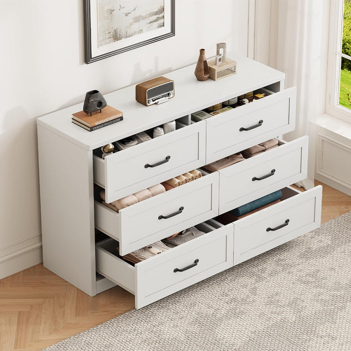 Farmhouse 6 Drawer Dresser for Bedroom, 47" W Modern Chest of Drawers with Metal Handles, Wood Dresser TV Stand, Dresser Drawer Organizer for Closet, Living Room,Hallway,White