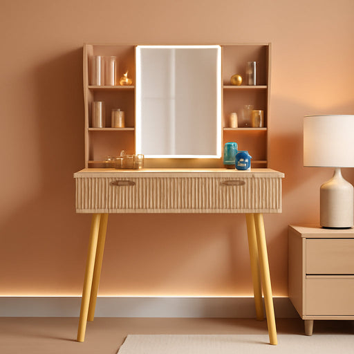 29.5" Small Makeup Vanity with Adjustable Light Mirror, Fluted Vanity Table with 2 Drawer & 4 Open Storage Shelf, 3 Light Modes and Brightness, for Woman and Girls, Bedroom,Natural Oak