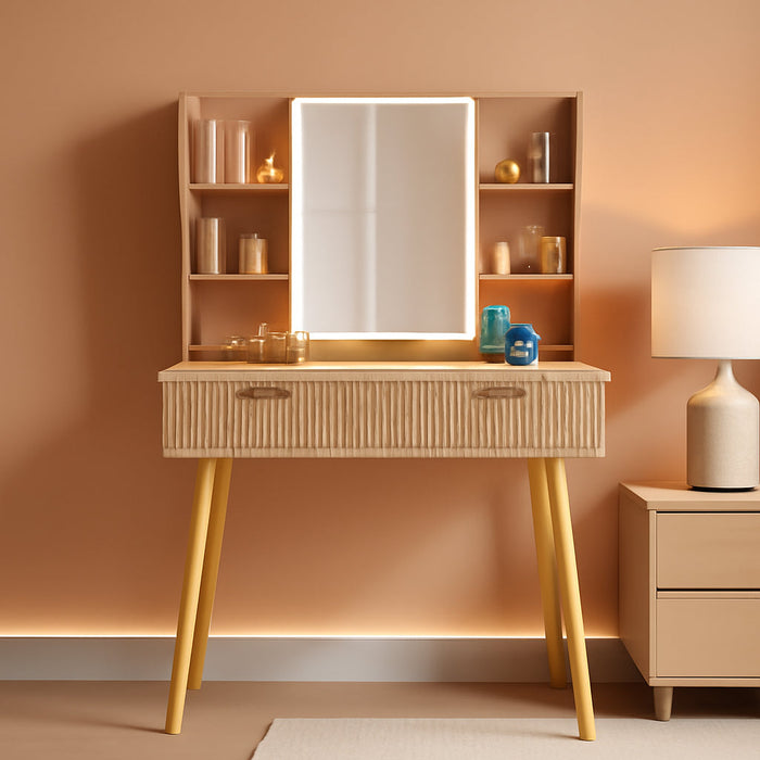 29.5" Small Makeup Vanity with Adjustable Light Mirror, Fluted Vanity Table with 2 Drawer & 4 Open Storage Shelf, 3 Light Modes and Brightness, for Woman and Girls, Bedroom,Natural Oak