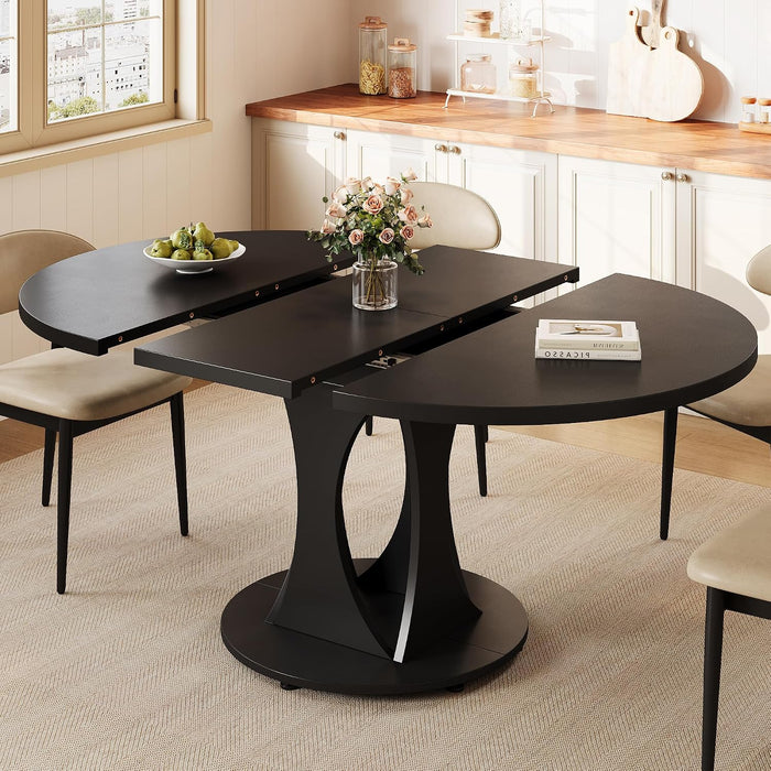 59" Extendable round Dining Table for 6-8, Kitchen Table with Sturdy Double Arc Base & Backboard Clasp Desktop, Mid-Century Modern Dinner Table, Kitchen Dining Room, Space Saving, Black