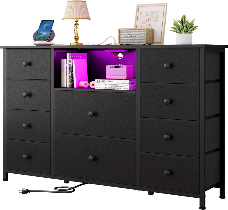 Black Dresser with Charging Station and LED Lights