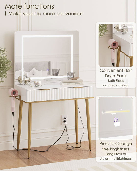 Makeup Vanity Desk with Lights and Mirror, Small Makeup Vanity Table with 2 Drawers, Dressing Table with 3 Adjustable Lighting Color, Small Makeup Desk for Bedroom, White with Gold Leg