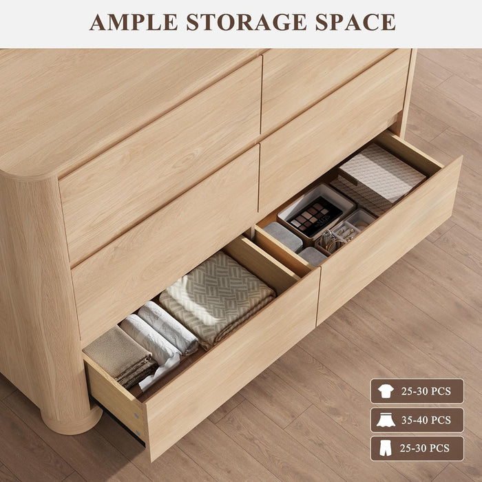 Dresser for Bedroom with 6 Drawers, 47" W Modern Chest of Drawers with Unique Thickened Foot, Rounded Corner Design, Wooden Dresser Organizer for Bedroom, Living Room, Hallway, Natural Oak