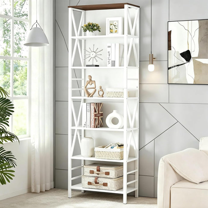 Bookshelf, 7-Tier Bookshelf, Rustic Wood Metal Bookshelves and Bookcases, Freestanding Open Bookshelf, Industrial Tall Bookcase for Home Office, Living Room and Bedroom, White