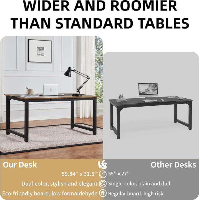 59.8'' Large Computer Desk for Home Office, Gaming, Writing, Study – Modern Wooden Surface with Metal Frame, Rustic Black - ShipItFurniture