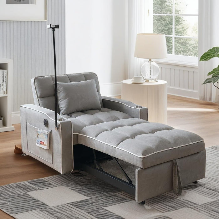 Gray Convertible Sleeper Chair With Builtin Cupholder