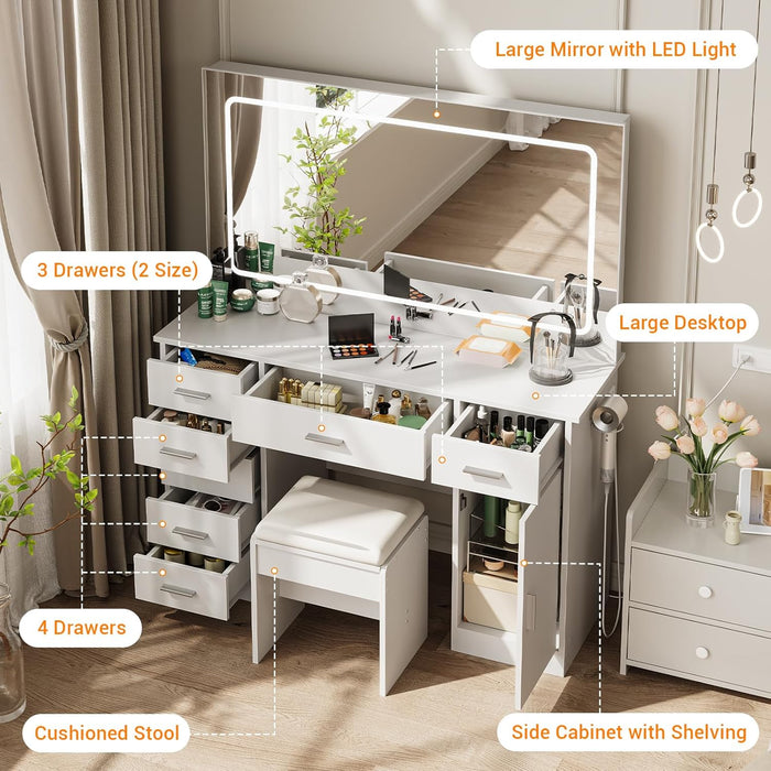 Vanity with Chair and Mirror and 7 Drawers Storage, White Makeup Vanity Desk with Lights, Vanitys Set with 3 Light Mode and Brightness Adjusted, Make up Table with Hairdryer Holder for Bedroom