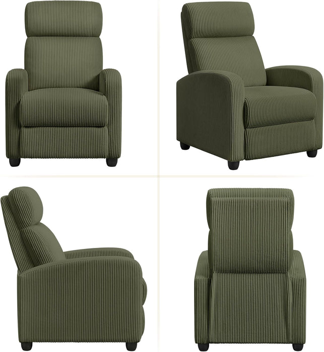 Corduroy Recliner Chair Single Sofa Home Theater Seating Adjustable Modern Reclining Chair for Living Room Bedroom Home Theater Dark Green