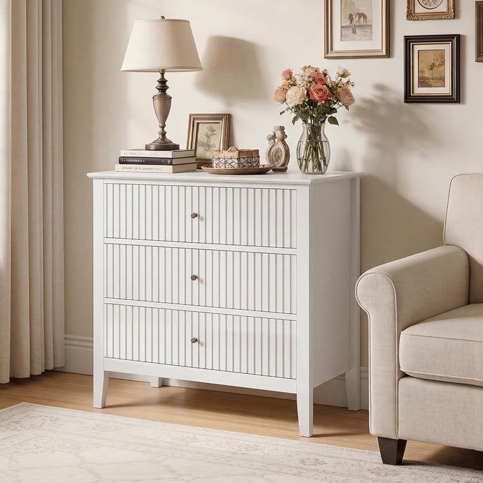 White Fluted 3 Drawer Dresser, 32 Inch Wide Dresser Nightstand for Bedroom, Modern Wood Chest of Drawers, Large Painted Nightstand with 3 Drawers for Closet, Hallway, Entryway