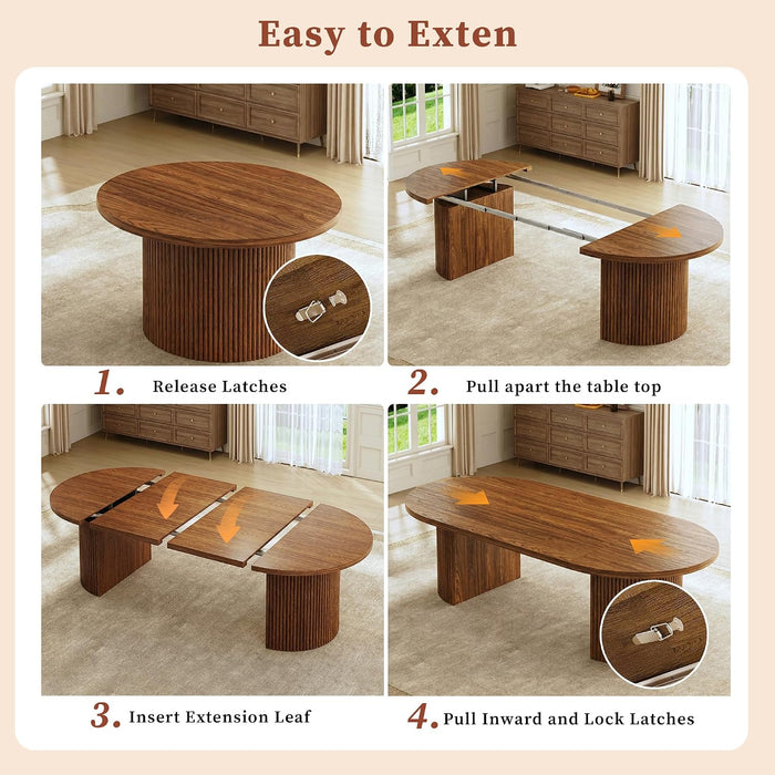 Extendable round Dining Table for 4-8, 39In-77In Long Large Kitchen Table with Fluted Base, Space Saving Modern Farmhouse Oval Dinner Tables for Dining Room, Kitchen, Living Room, Brown
