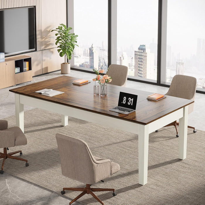 62-Inch Computer Desk, Large Office Executive Desk with Solid Wood Legs, Modern Simple Laptop Desk Study Writing Table Workstation Furniture for Home Office, Rustic Brown & Cream White