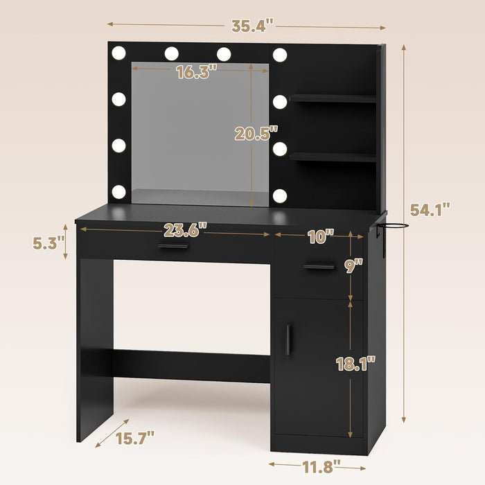 35.4" Vanity Desk with LED Mirror & Power Outlet, Makeup Vanity Table with 3 Open Storage Shelves, Drawers and Cabinet, 3 Model Adjustable Lights for Bedroom & Dressing Room (Black)