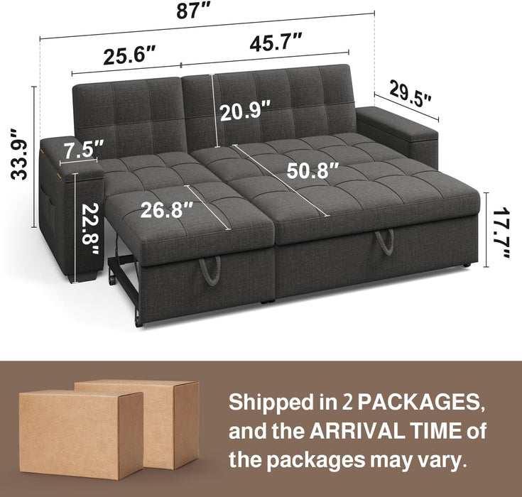 87 Inch Convertible Sofa Bed With AdjustableBackrest