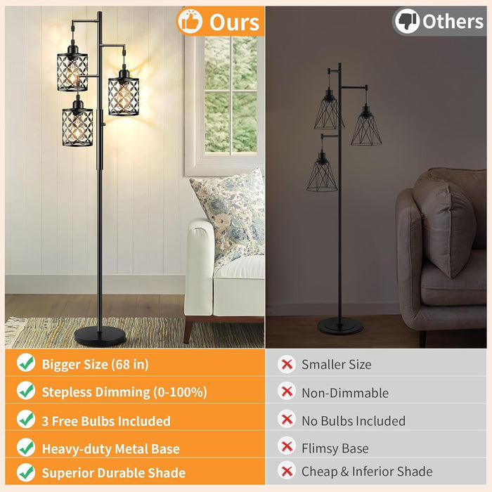 Dimmable Floor Lamp, Farmhouse Standing Lamp with Elegant Metal Cage, Industrial Tall Tree Floor Lamps for Living Room, Bedroom, Study Room, Office, 2000LM LED Bulbs Included - 68", Black