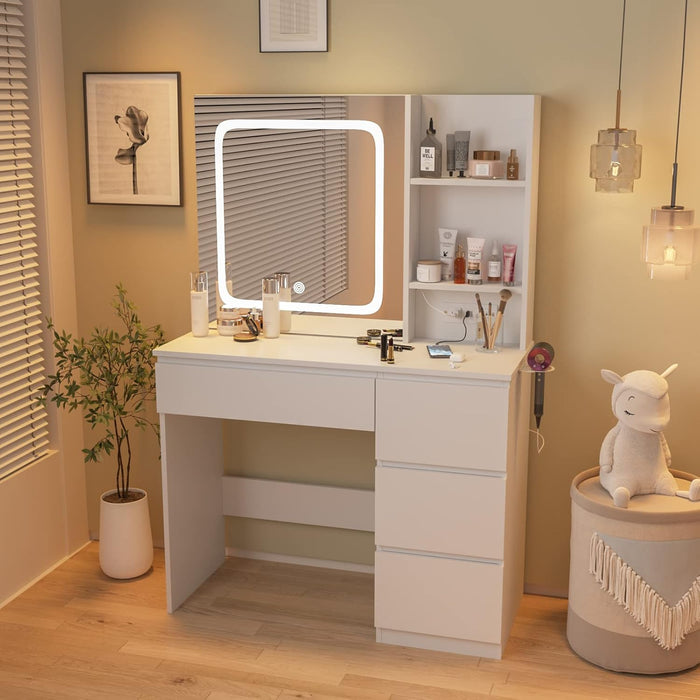Make up Vanity Desk with Charging Station, Vanity Set with Mirror and Stool and Lights,Dressing Table with 4 Drawers & Storage Shelves,37Inch, White