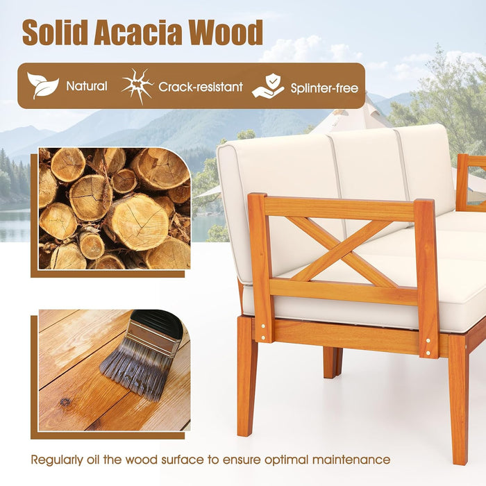 5 Pieces Patio Lounge Chair Set W/Ottomans, Acacia Wood Patio Conversation Set W/Cushions, Coffee Table, Modular Outdoor Lounge Sofa Set for Lawn, Backyard, Poolside