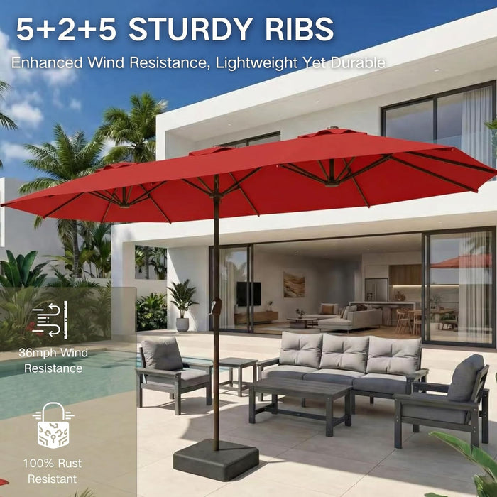 15Ft Large Patio Umbrella with Base Included, Double-Sided Rectangle Outdoor Table Umbrella with 12 Reinforced Ribs, Crank Lift for Market Pool Deck Backyard, Red