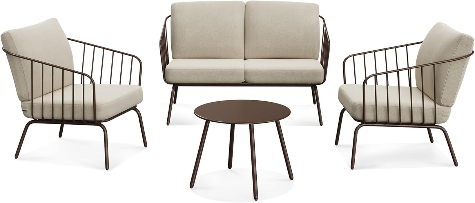 4-Piece Plaza Patio Furniture Set, Outdoor Furniture with Thick Cushion Sofa and Coffee Table, Modern Patio Conversation Set for Garden, Backyard and Porch, Brown & Beige