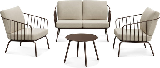 4-Piece Plaza Patio Furniture Set, Outdoor Furniture with Thick Cushion Sofa and Coffee Table, Modern Patio Conversation Set for Garden, Backyard and Porch, Brown & Beige