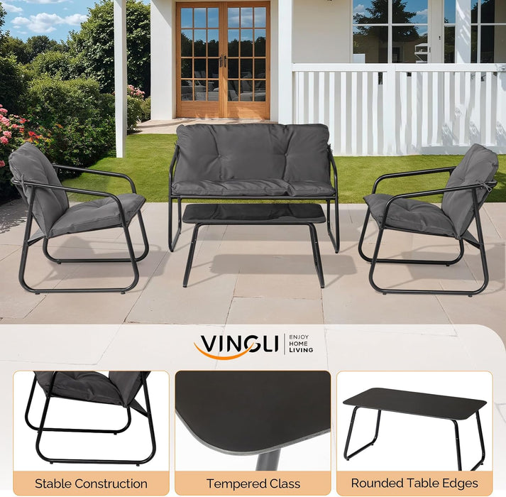 4 Piece Patio Conversation Set, Outdoor Furniture Set with Glass Coffee Table & Comfortable Cushion, All-Weather Cushioned Seating for Garden, Backyard, Porch, Grey