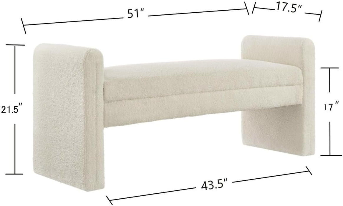 Modern Upholstered Bed Bench Covered with Soft Boucle Teddy Fabric, Lovely Entryway Bench Ottoman with Armrest,5062-Cream