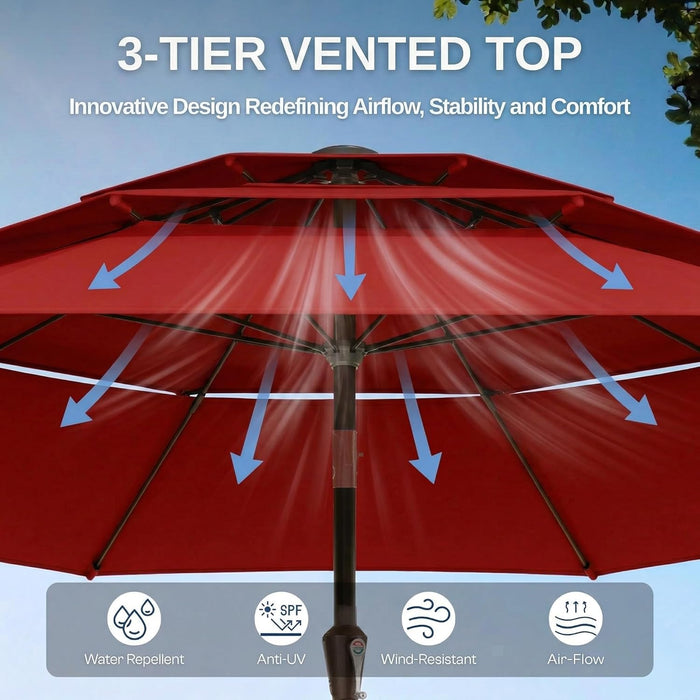 10Ft Patio Umbrella, 3 Tier Outdoor Market Table Umbrellas with 8 Fiberglass Ribs and Push Button Tilt, Windproof, Vented Canopy, UV Protection for Deck, Pool, Backyard, Red