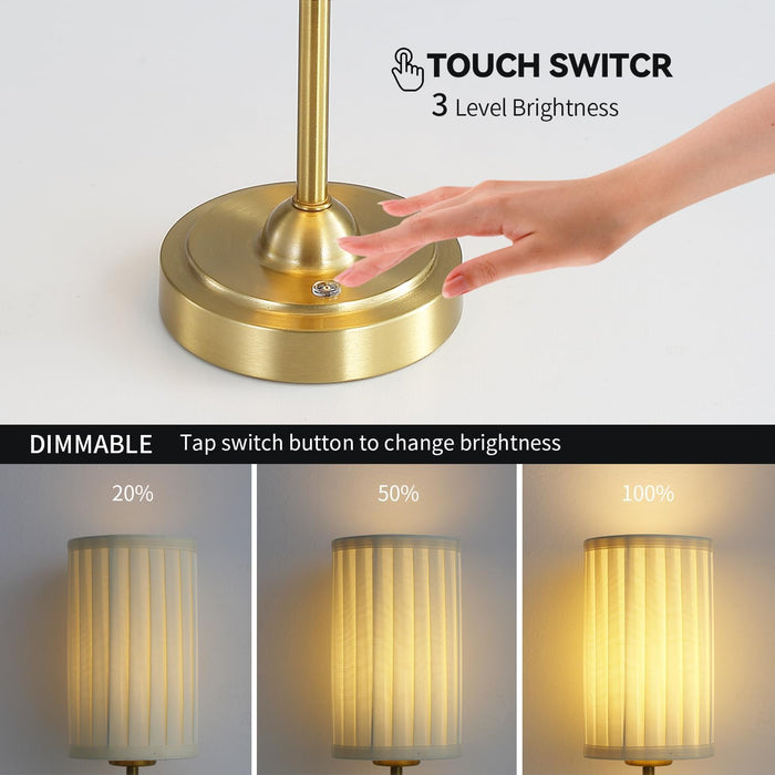 Portables Cordless Table Lamp Set of 2,LED Fabric Shade Desklamp,Rechargeable Battery Operated，Lighting for Bedroom, Bedside,Bar,Living Room, Dining Room, Night Light (Brass)
