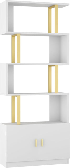 Geometric Bookcase with Cabinet, S Shaped Bookshelf 5-Tier Book Shelves for Bedroom, Modern Wood Decorative Display Shelf Tall Book Case for Home Office, Gold and White
