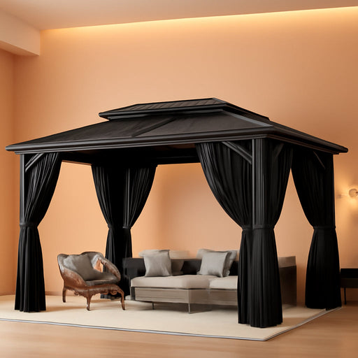 10X12 Hardtop Gazebo on Clearance with Heavy Duty Galvanized Steel Metal Roof, Aluminum Frame,Patio Hard Top Gazebos with Curtains and Netting, Outdoor Permanent Pavillon for Backyard,Black
