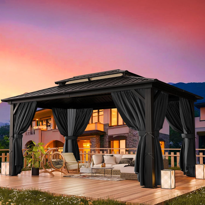 10X12 Hardtop Gazebo on Clearance with Heavy Duty Galvanized Steel Metal Roof, Aluminum Frame,Patio Hard Top Gazebos with Curtains and Netting, Outdoor Permanent Pavillon for Backyard,Black