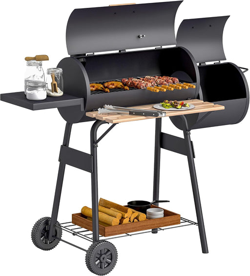 Charcoal Grill with Offset Smoker, 231 Sq.In. Cooking Area, Barrel BBQ Grill and Smoker Combo with Side Tables, Shelf, Thermometer, Wheels for Outdoor Patio Backyard Party Event Gathering