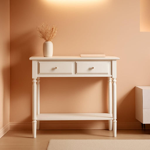Coastal Console Table, Solid Wood, 2 Storage Drawers, Bottom Display Shelf, Narrow Depth, Easy-Assembly, for Living Room/Hallway, Orchid White, 30.0 In. W X 11.0 In. D X 28.0 In. H, 2027-WT