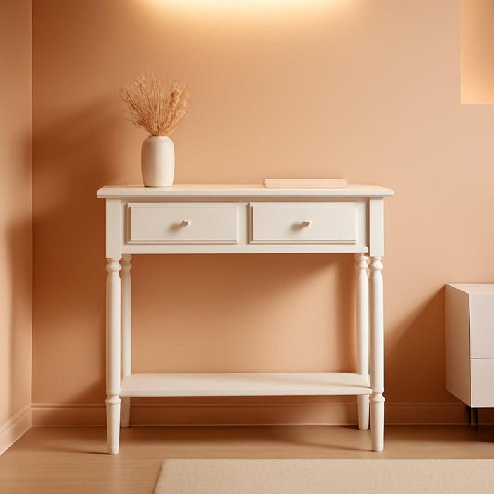 Coastal Console Table, Solid Wood, 2 Storage Drawers, Bottom Display Shelf, Narrow Depth, Easy-Assembly, for Living Room/Hallway, Orchid White, 30.0 In. W X 11.0 In. D X 28.0 In. H, 2027-WT