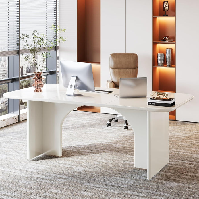 Modern White Desk, Large Minimalist Executive Office Computer Desk Writing Study Makeup Vanity Table Workstation with Arch Design Legs, 63 X 31.5 Inch