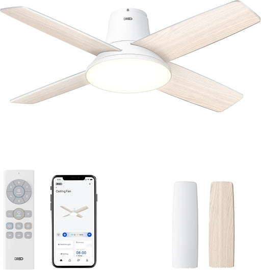 Ceiling Fans with Lights, 12 Speeds & 3 Fan Modes, Quiet DC Motor, Low Profile Easy to Install, Flush Mount Smart Ceiling Fan with Dimmable LED, 12H Timer for Bedroom, Remote, White, 44''