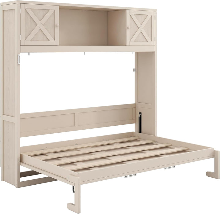 Full Size Murphy Bed with Storage Cabinets, Rustic Solid Wood Wall Bed with 3 Cabinet Shelves, Space Saving Foldable Bed for Studio Apartment, Guest Room, Home Office, Beige