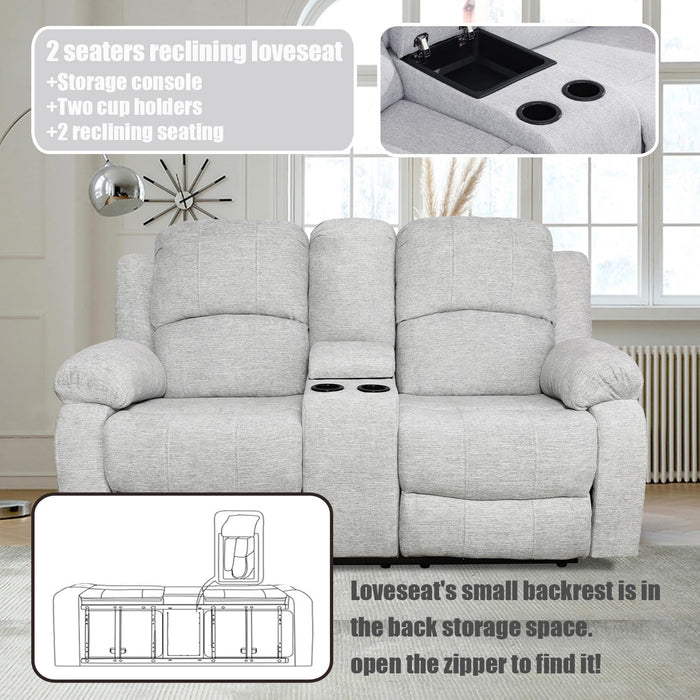 Recliner Sofa Set for Living Room Furniture Set, Reclining Sofa and Loveseat Set for Reclinier Sofa with Drop down Table/Double Recliner Loveseat with Storage Console/Grey Linen