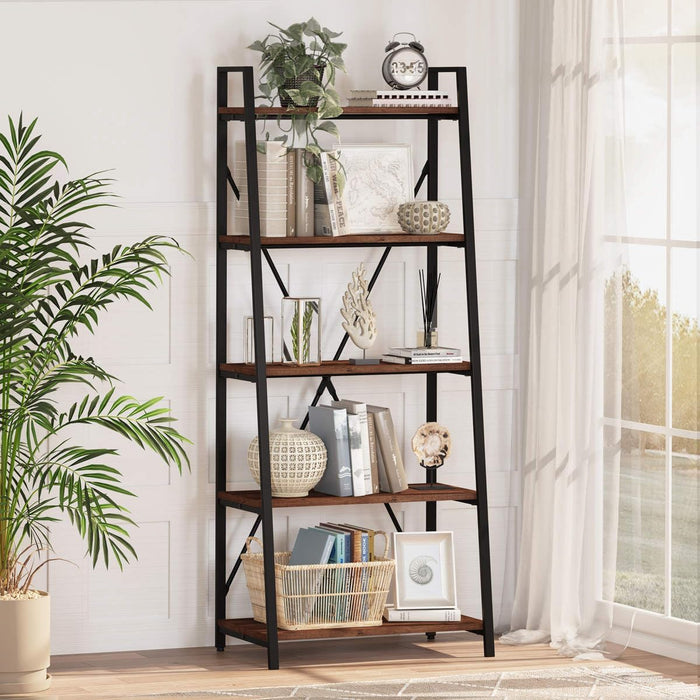 Ladder Shelf Bookcase, 5-Tier Industrial Ladder Bookshelf, Tall Living Room Shelves, Wood and Metal Leaning Shelf for Home Office, Kitchen, Bedroom, Balcony (Rustic Oak)