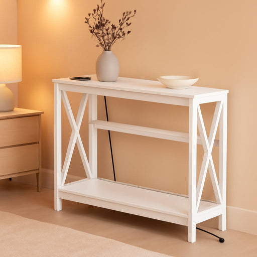 Yaheetech Console Table with Power Outlets, 40 Inches Entryway Table with Charging Station, Wood Sofa Table with Storage Shelves, Side Table, for Hallway, Bedroom, Living Room, Foyer, White