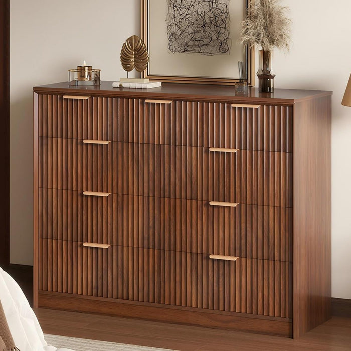 Fluted Tall Dresser for Bedroom, 9 Drawer Chest of Drawers,Walnut