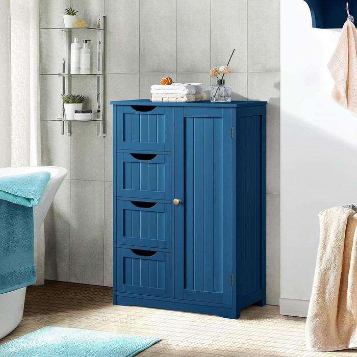 Wooden Bathroom Floor Cabinet, Side Storage Organizer Cabinet with 4 Drawers and 1 Cupboard, Freestanding Entryway Storage Unit Console Table, Bathroom Furniture Home Decor, Navy Blue