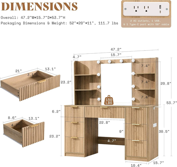 47.2" Fluted Vanity Desk with Mirror and Adjustable LED Lights, Large 7 Drawers Makeup Table with Glass Top and Charging Station for Women and Girls, Bedroom or Dorm, Natural Oak