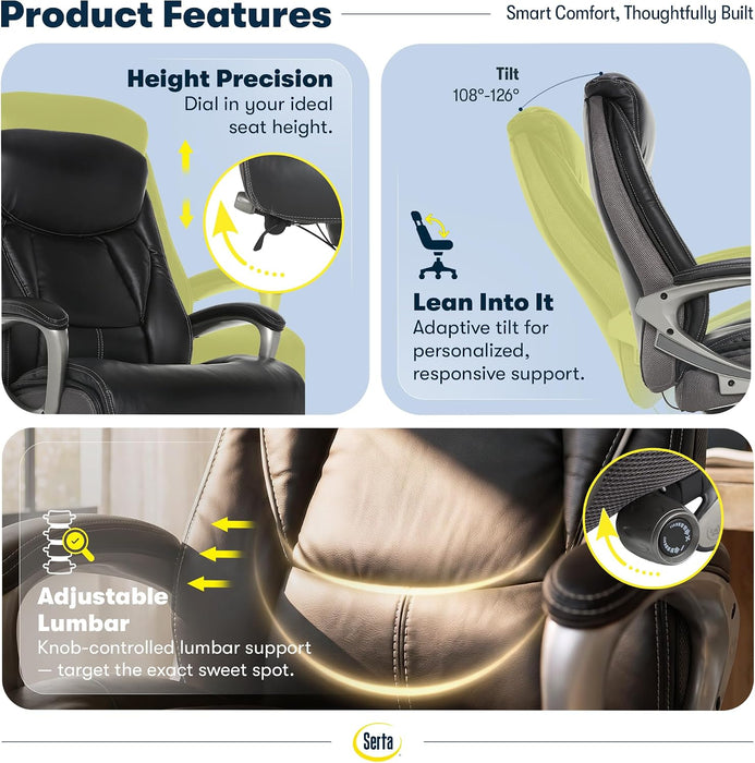 Lautner Executive Home Office Desk Chair, Ergonomic High-Back with Adjustable Lumbar & Body Pillows, Smartlayers and Comfortcoils Technology, Mesh and Bonded Leather, Black/ Gray
