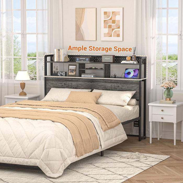 Headboard for Queen Size Bed with Storage Shelf, Head Board with 3 Outlets and 2 USB Ports, Headboards with RGB LED Light, Height Adjustable, Sturdy and Stable, Easy Assembly, Black Oak