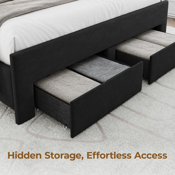 Full Size Bed Frame with Storage Drawers and Wingback Headboard, Velvet Upholstered Full Bed Frames Platform Bed with LED Lights, Wooden Slats Support, No Box Spring Needed, Noise-Free, Black