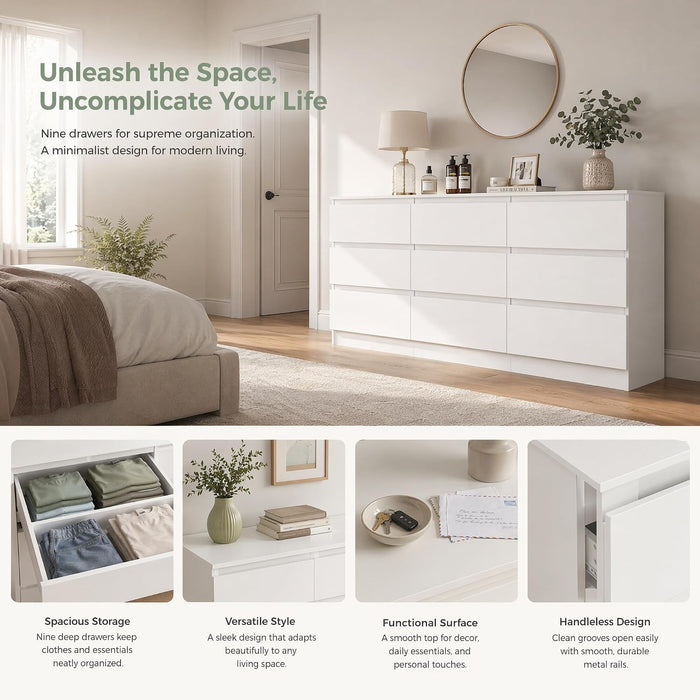 White 9 Drawer Dresser for Bedroom,Modern Deep Drawer Dresser with No-Handle Design,Wide Storage Chest of Drawers,Wood Bedroom Storage Organizer Furniture for Closet,Hallway