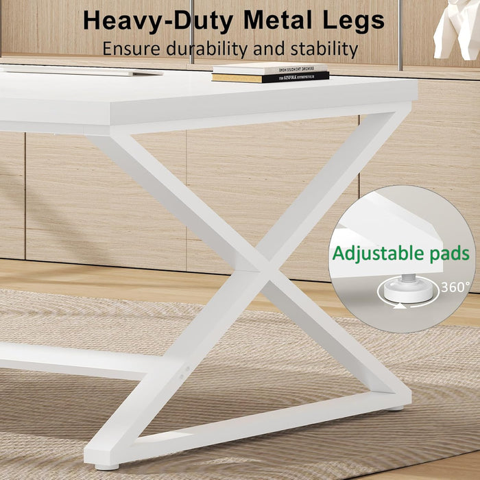 Long White Computer Desk, Modern Simple Large Home Office Desk, Wood Metal Work Study Writing Table for 2 Monitors, Double Pc Gaming Executive Workstation in Bedroom Living Room, White Oak,70 In