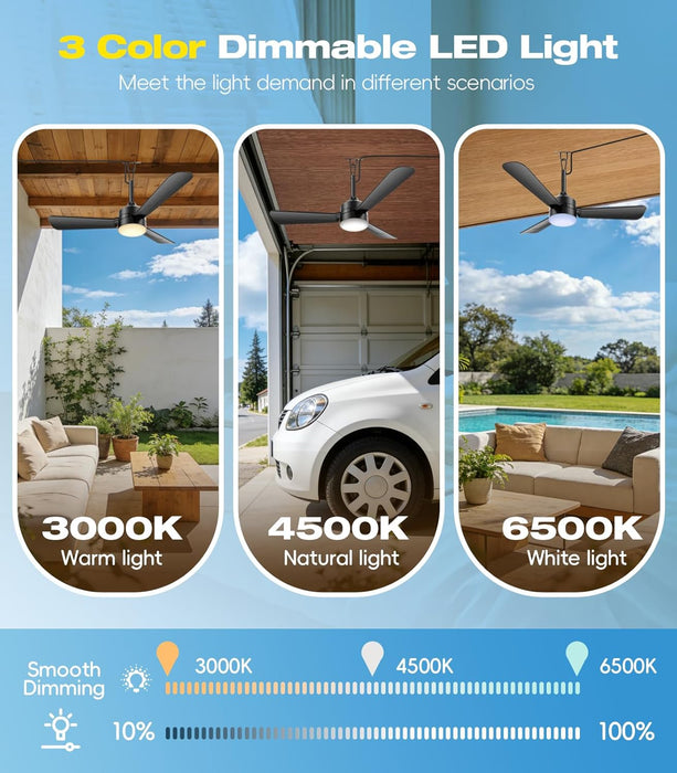 36 Inch Plug-In Ceiling Fan Light with Remote Control,Gazebo Fan Light,3 Blade, Dimmable 3CCT LED, Reversible,Portable Hook Design With16Ft Cable for Bedroom Garage Tent Porch Kitchen